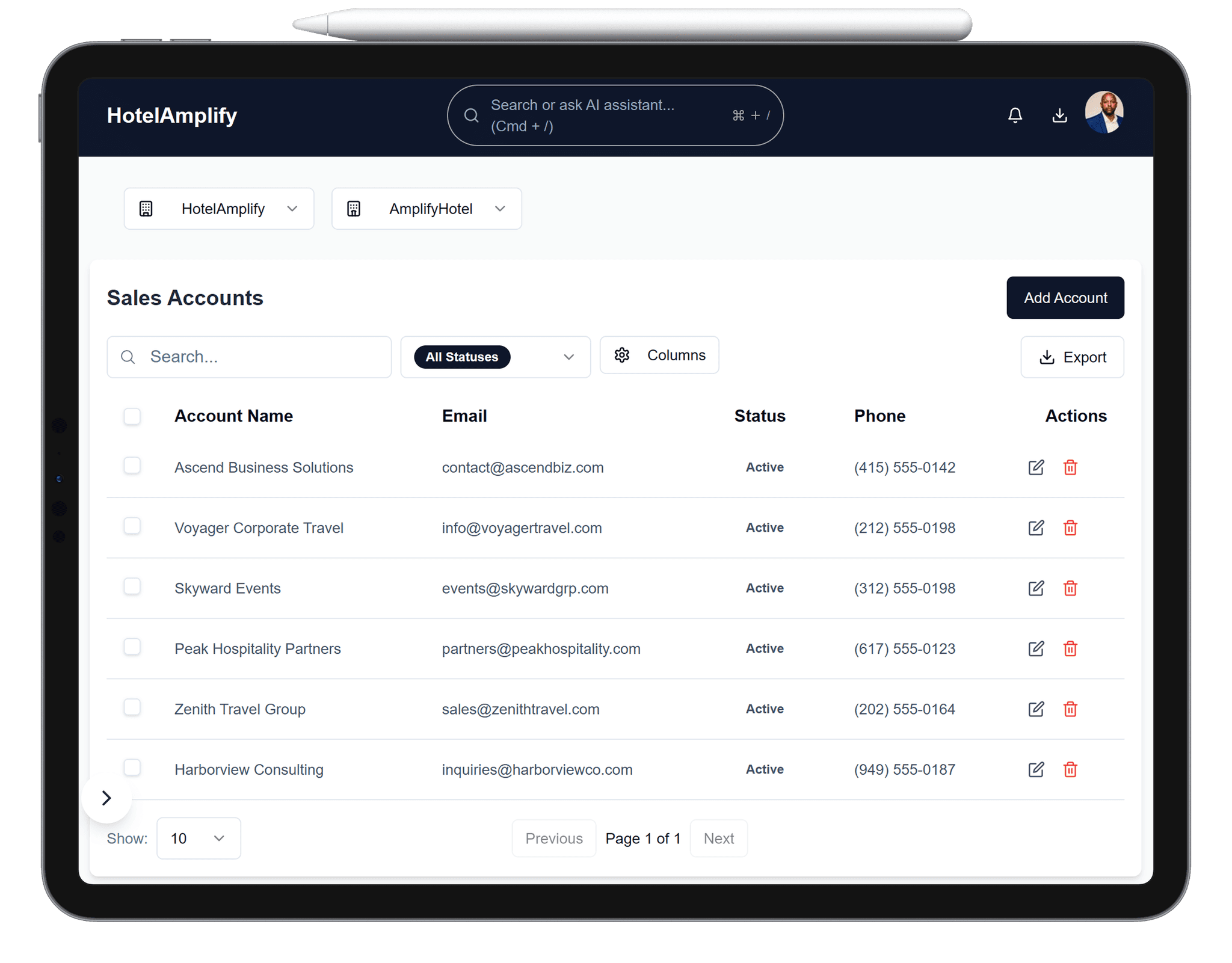HotelAmplify Sales Accounts interface showing the account workspace on a tablet mockup.
