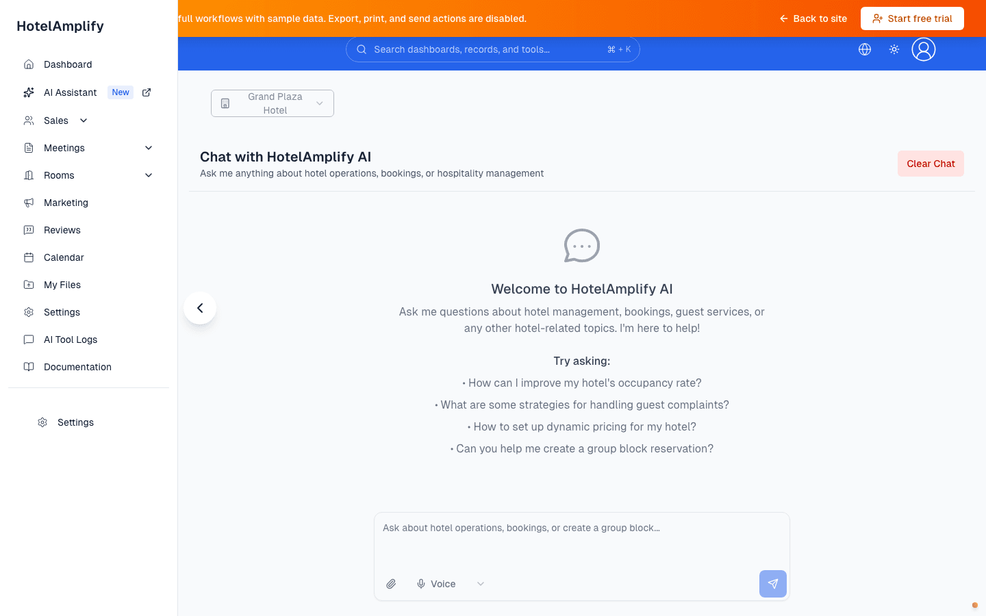 HotelAmplify AI Assistant showing the chat prompt, example hotel questions, file attachment control, and model selector.