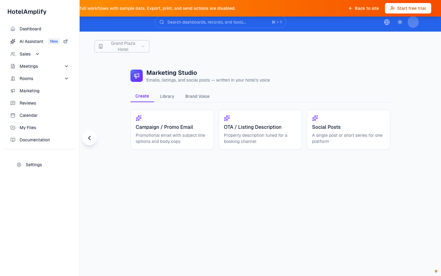 Marketing Studio showing the Create tab with Campaign / Promo Email, OTA / Listing Description, and Social Posts options.