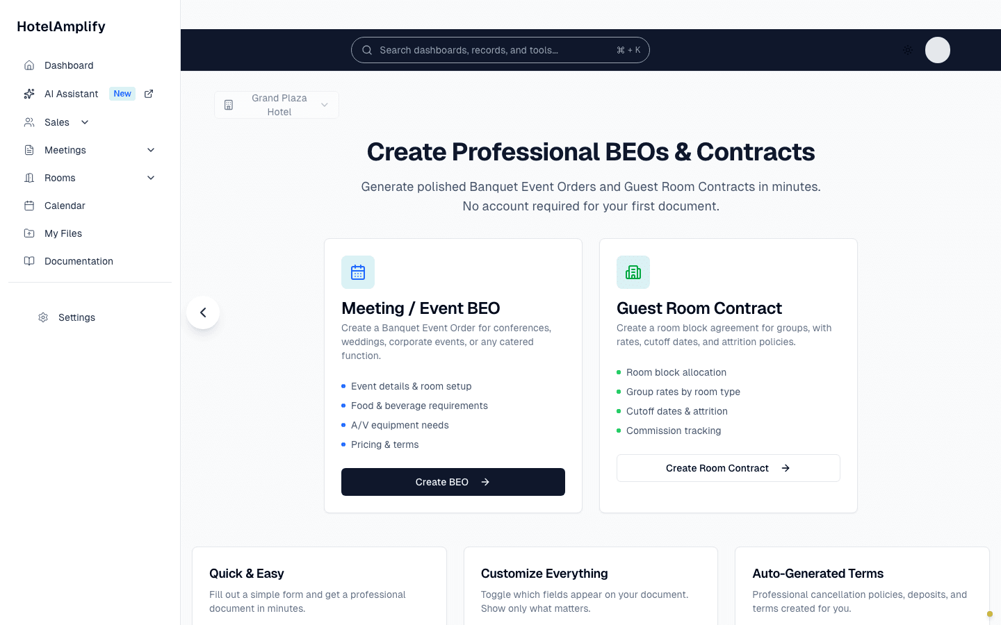 HotelAmplify Meetings screen showing the Meeting / Event BEO and Guest Room Contract document choices.