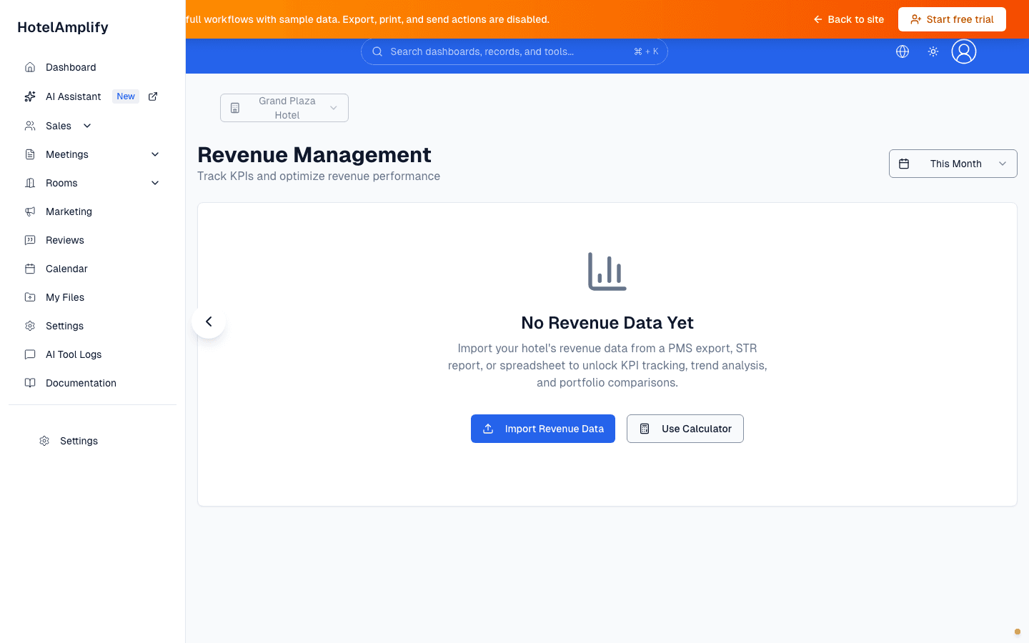 Revenue Management showing the This Month date selector and an empty-state prompt to import revenue data or use the calculator.