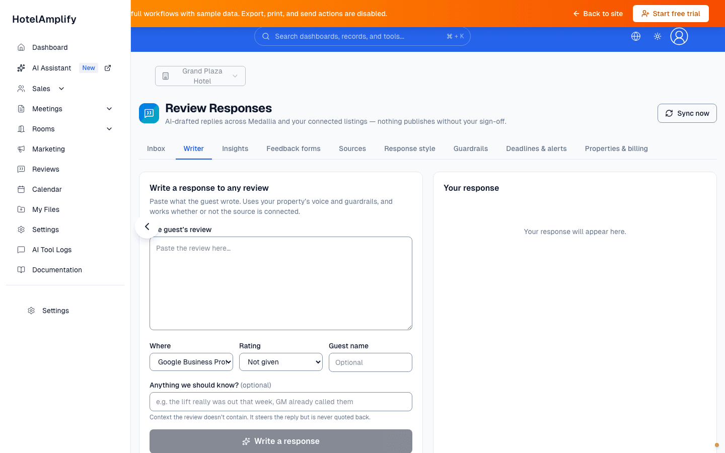 Review Responses Writer tab showing the review input, source selector, rating, guest name, context field, and response preview.