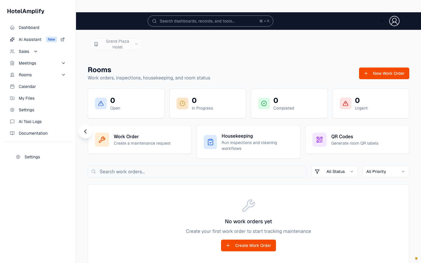 HotelAmplify rooms operations dashboard with work orders, housekeeping, and QR code tools