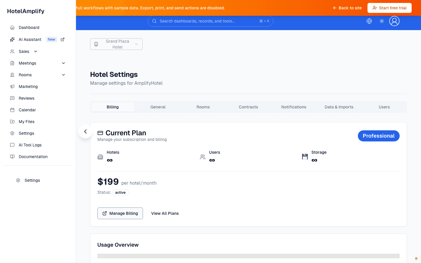 Hotel Settings showing the settings tabs, Users tab, current plan, and property-level administration context.